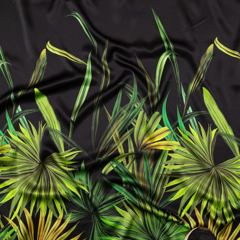 Italian Green and Black Palm Leaves Digitally Printed Silk Charmeuse Panel Italian Green and Black Palm Leaves Digitally Printed Silk Charmeuse Panel