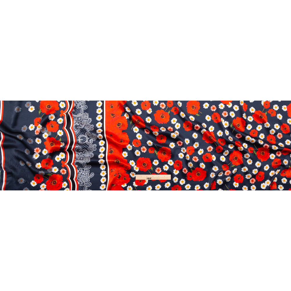 Mood Exclusive Italian Navy, Red and Gray Floral Border Digitally Printed Silk Charmeuse Folded Mood Exclusive Italian Navy, Red and Gray Floral Border Digitally Printed Silk Charmeuse Folded