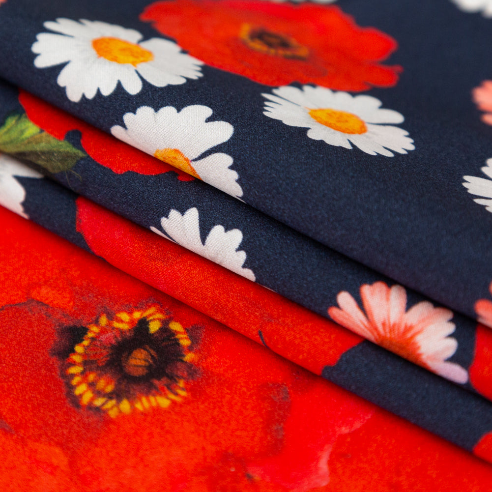Mood Exclusive Italian Navy, Red and Gray Floral Border Digitally Printed Silk Charmeuse Detail Mood Exclusive Italian Navy, Red and Gray Floral Border Digitally Printed Silk Charmeuse Detail