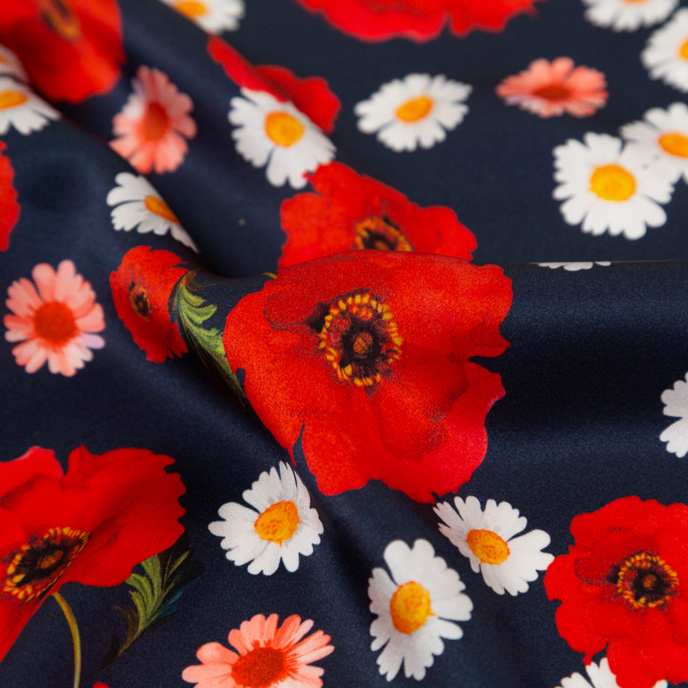 Mood Exclusive Italian Navy, Red and Gray Floral Border Digitally Printed Silk Charmeuse Full Mood Exclusive Italian Navy, Red and Gray Floral Border Digitally Printed Silk Charmeuse Full
