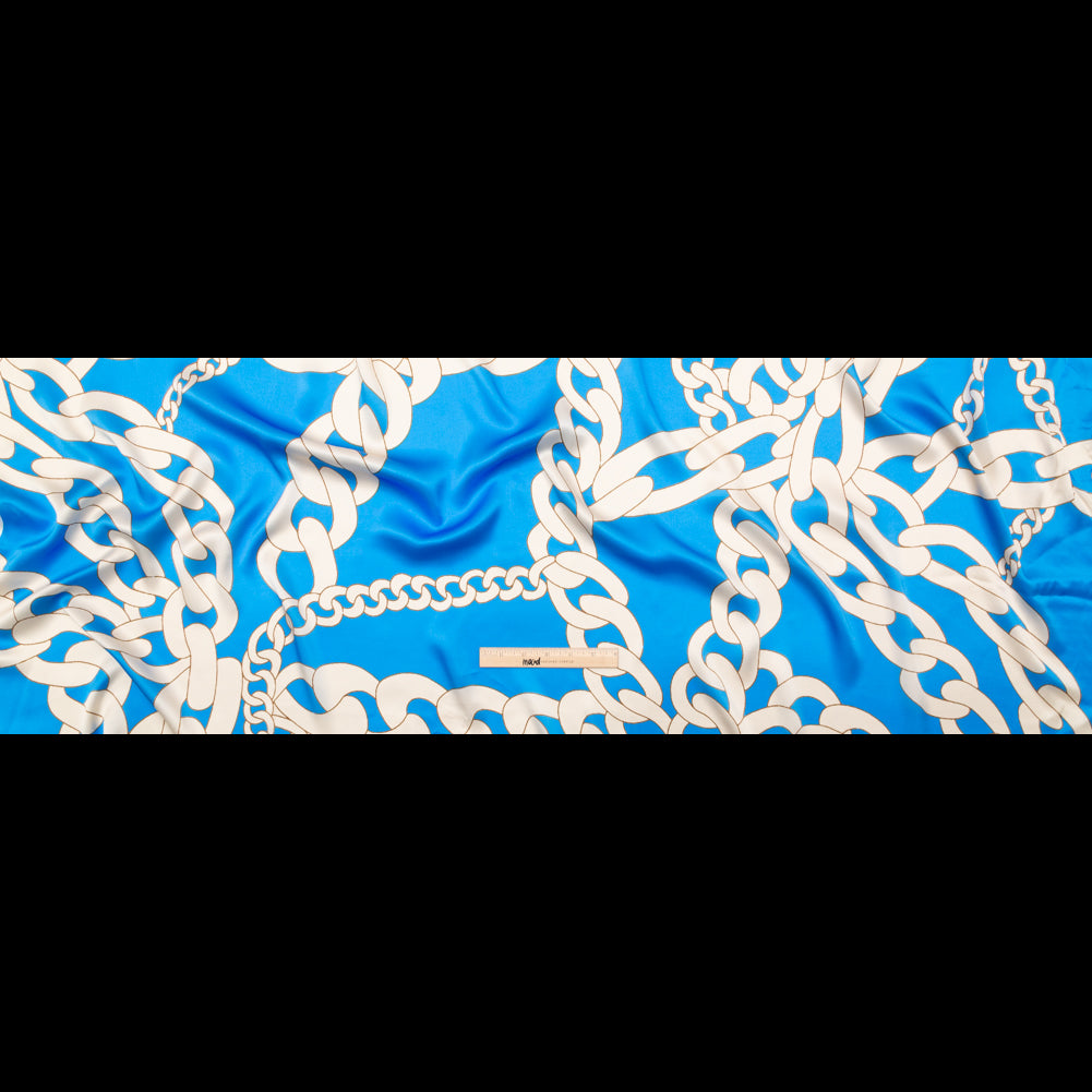 Italian Cerulean Blue and Almond Milk Large Chains Digitally Printed Silk Charmeuse - Full Italian Cerulean Blue and Almond Milk Large Chains Digitally Printed Silk Charmeuse - Full