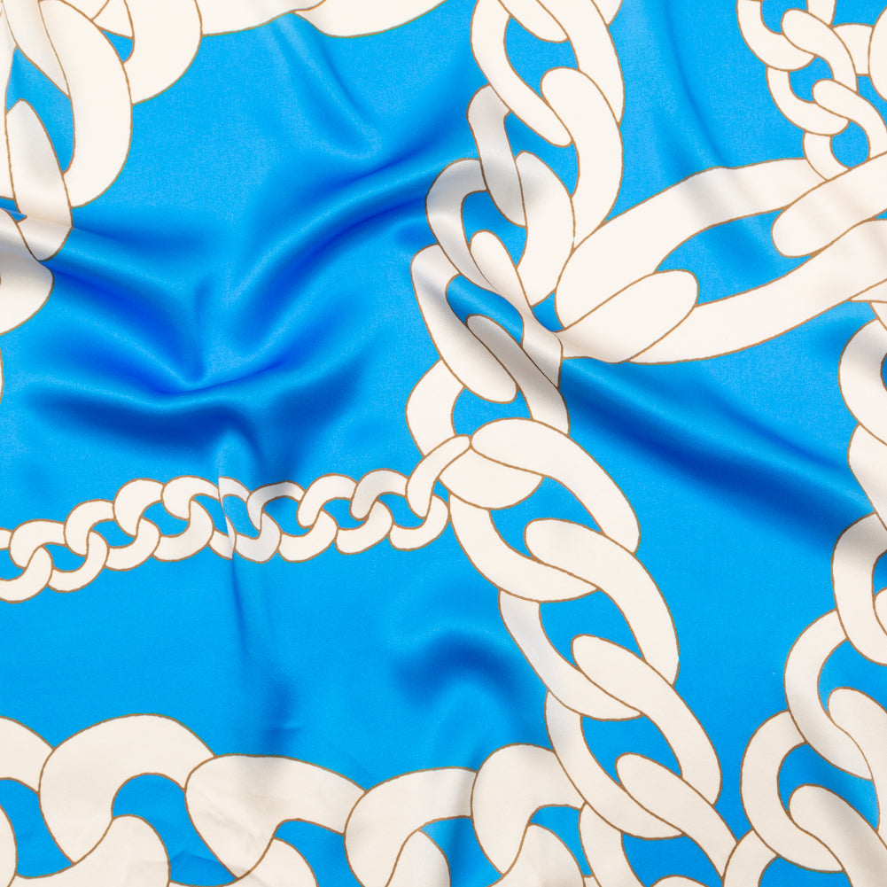 Italian Cerulean Blue and Almond Milk Large Chains Digitally Printed Silk Charmeuse Italian Cerulean Blue and Almond Milk Large Chains Digitally Printed Silk Charmeuse