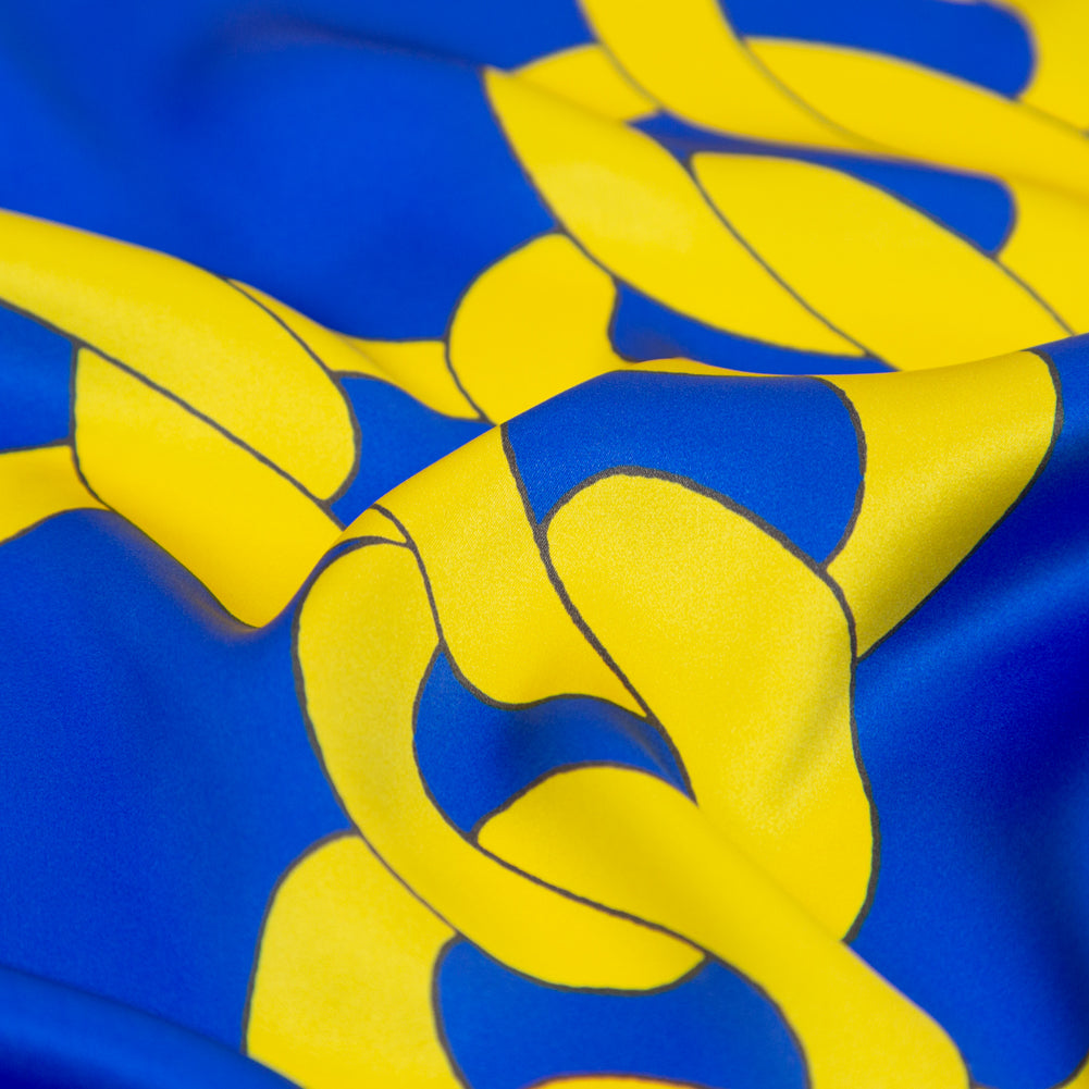 Italian Blue and Yellow Large Chains Digitally Printed Silk Charmeuse - Detail Italian Blue and Yellow Large Chains Digitally Printed Silk Charmeuse - Detail