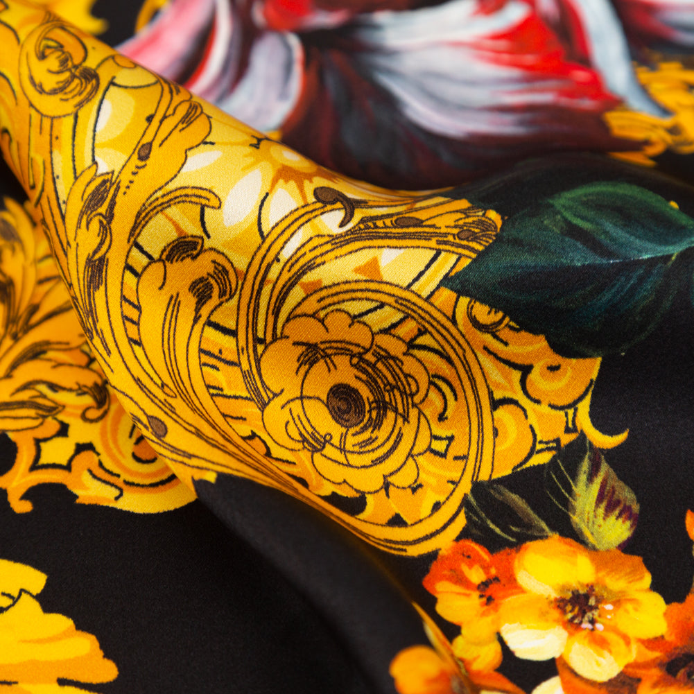 Mood Exclusive Italian Black and Gold Ornate Floral Digitally Printed Silk Charmeuse Detail Mood Exclusive Italian Black and Gold Ornate Floral Digitally Printed Silk Charmeuse Detail