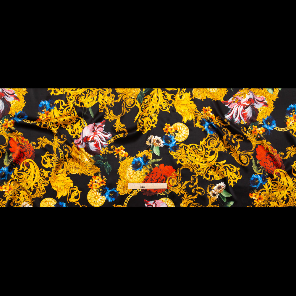 Mood Exclusive Italian Black and Gold Ornate Floral Digitally Printed Silk Charmeuse Full Mood Exclusive Italian Black and Gold Ornate Floral Digitally Printed Silk Charmeuse Full