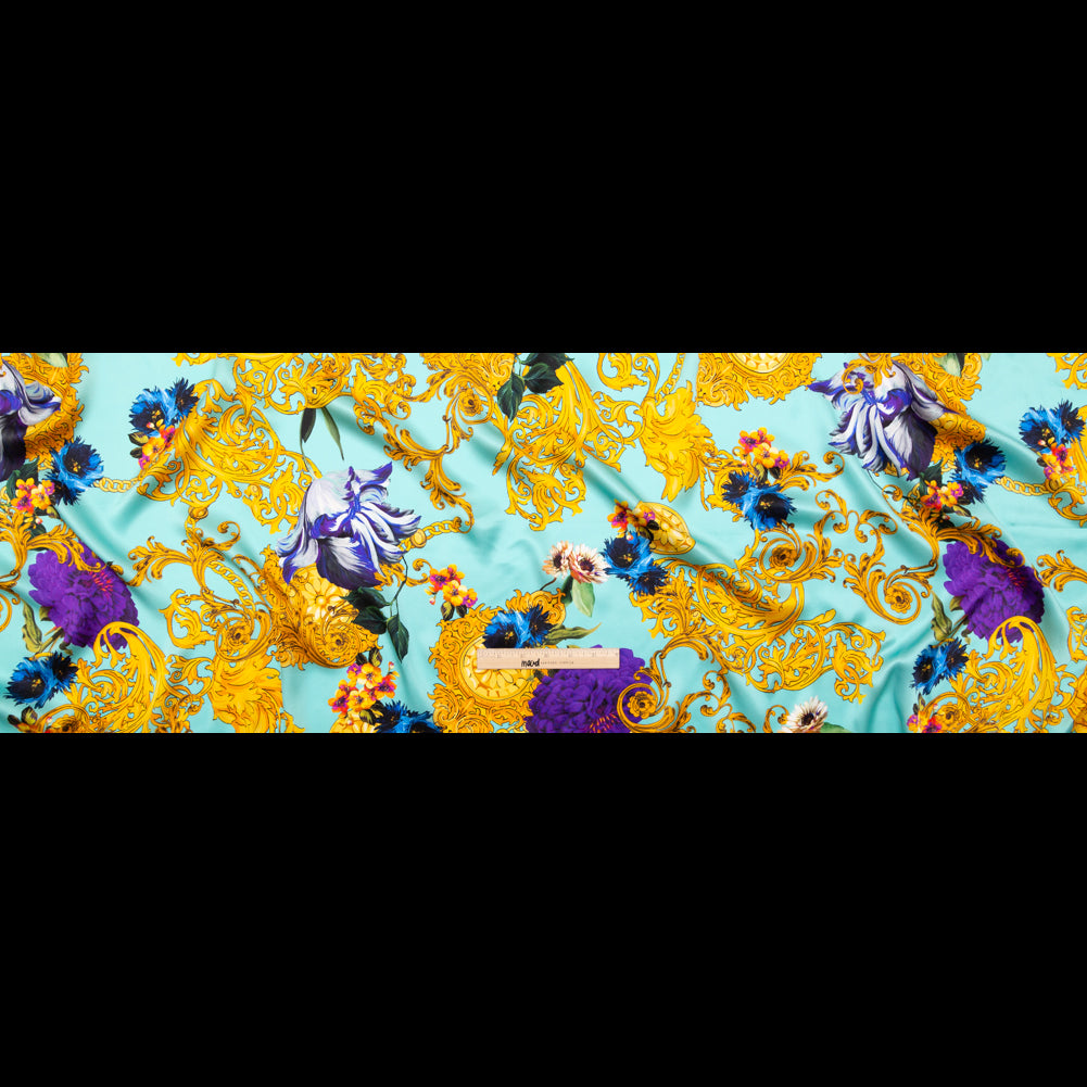 Italian Turquoise and Gold Ornate Floral Digitally Printed Silk Charmeuse - Folded Italian Turquoise and Gold Ornate Floral Digitally Printed Silk Charmeuse - Folded
