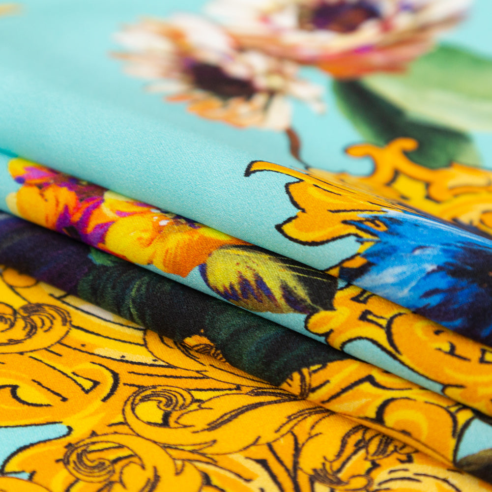 Italian Turquoise and Gold Ornate Floral Digitally Printed Silk Charmeuse - Detail Italian Turquoise and Gold Ornate Floral Digitally Printed Silk Charmeuse - Detail