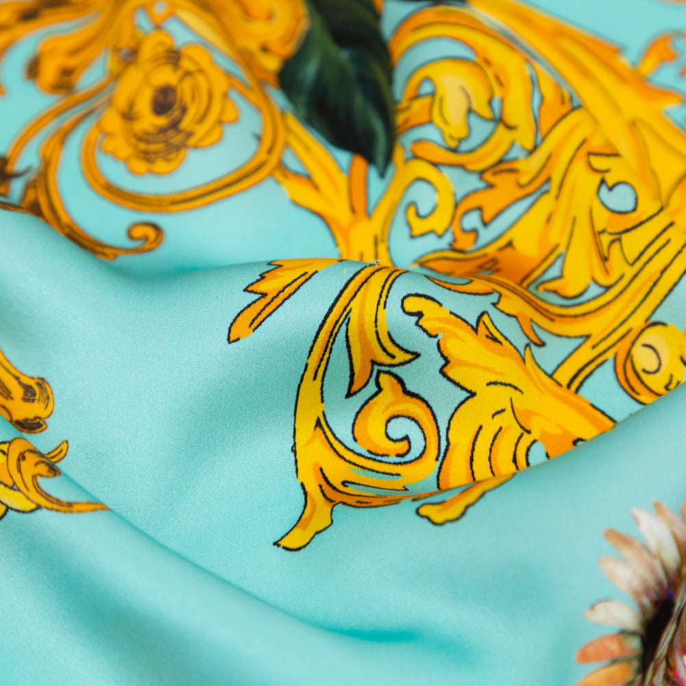 Italian Turquoise and Gold Ornate Floral Digitally Printed Silk Charmeuse - Full Italian Turquoise and Gold Ornate Floral Digitally Printed Silk Charmeuse - Full