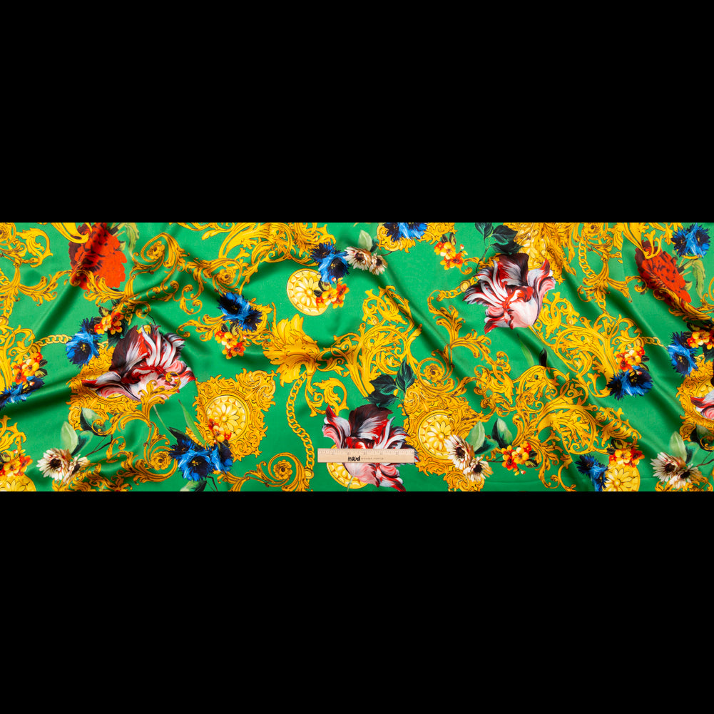 Mood Exclusive Italian Kelly Green and Gold Ornate Floral Digitally Printed Silk Charmeuse Folded Mood Exclusive Italian Kelly Green and Gold Ornate Floral Digitally Printed Silk Charmeuse Folded