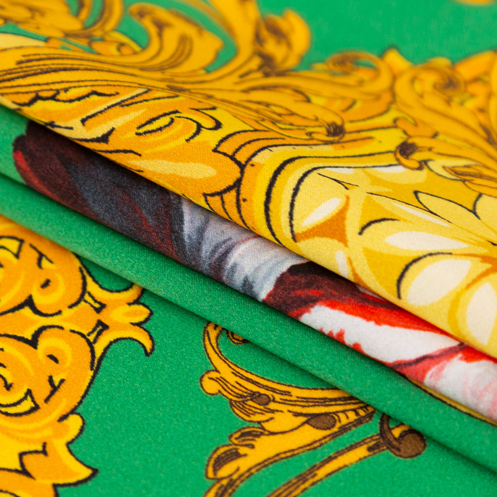 Mood Exclusive Italian Kelly Green and Gold Ornate Floral Digitally Printed Silk Charmeuse Detail Mood Exclusive Italian Kelly Green and Gold Ornate Floral Digitally Printed Silk Charmeuse Detail