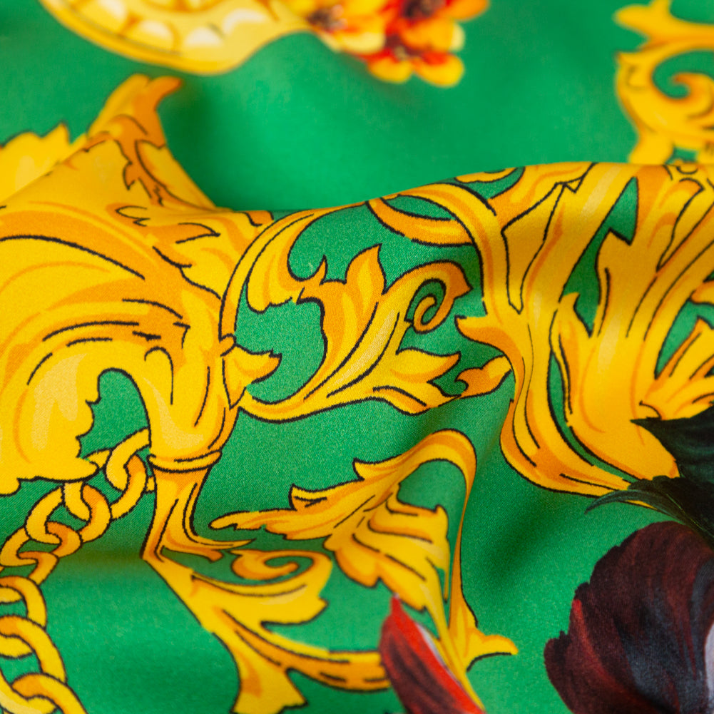 Mood Exclusive Italian Kelly Green and Gold Ornate Floral Digitally Printed Silk Charmeuse Full Mood Exclusive Italian Kelly Green and Gold Ornate Floral Digitally Printed Silk Charmeuse Full