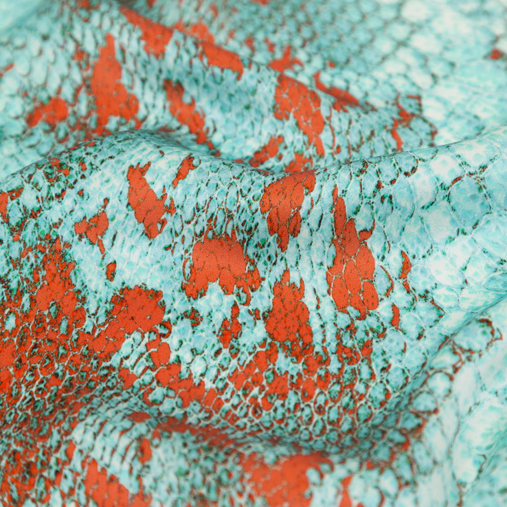 Italian Aqua and Chili Python Printed Silk Charmeuse - Full Italian Aqua and Chili Python Printed Silk Charmeuse - Full