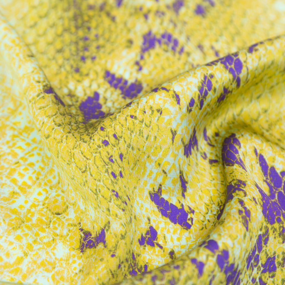 Mood Exclusive Italian Lime and Purple Python Printed Silk Charmeuse Detail Mood Exclusive Italian Lime and Purple Python Printed Silk Charmeuse Detail