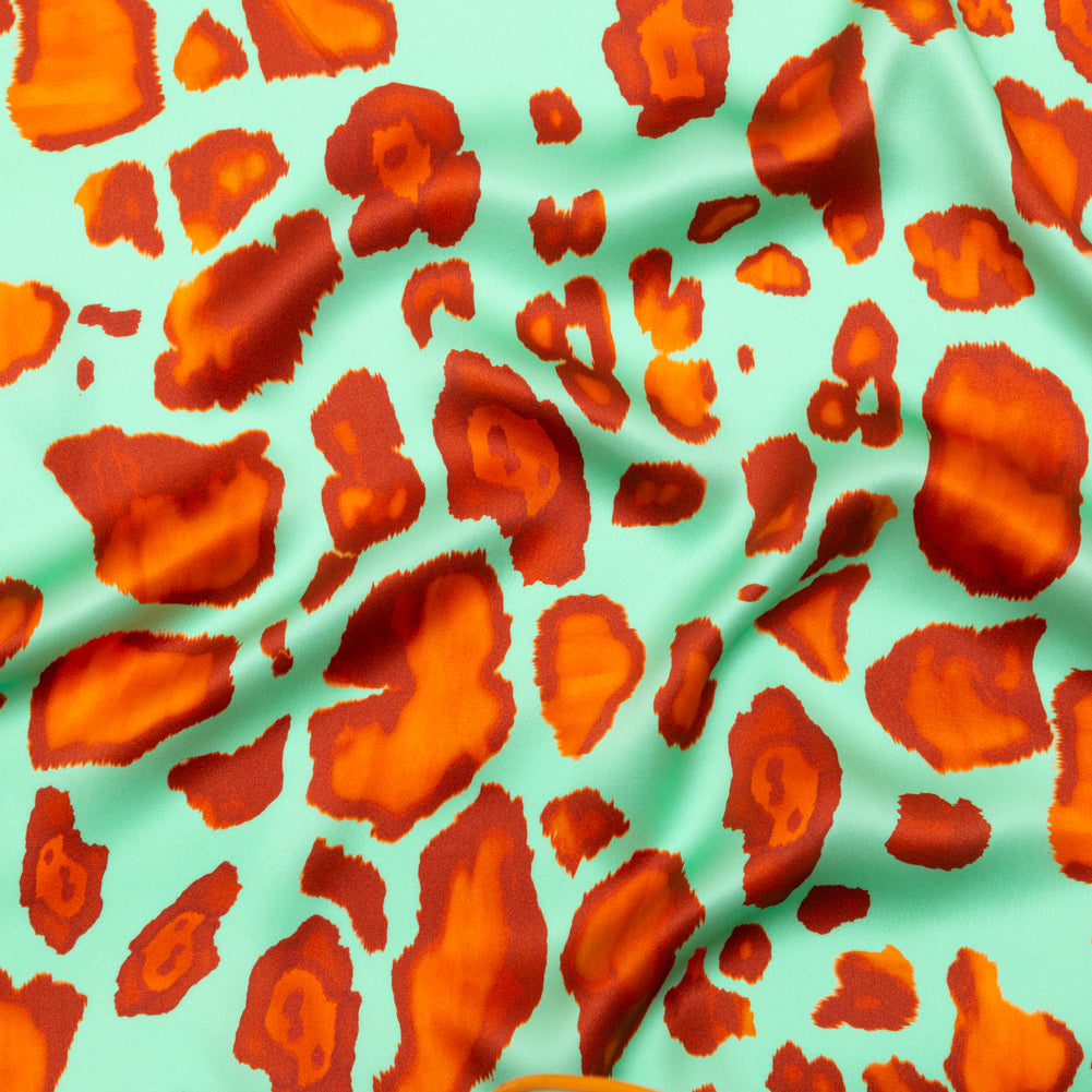 Italian Mint, Red and Orange Abstract Digitally Printed Silk Charmeuse Italian Mint, Red and Orange Abstract Digitally Printed Silk Charmeuse