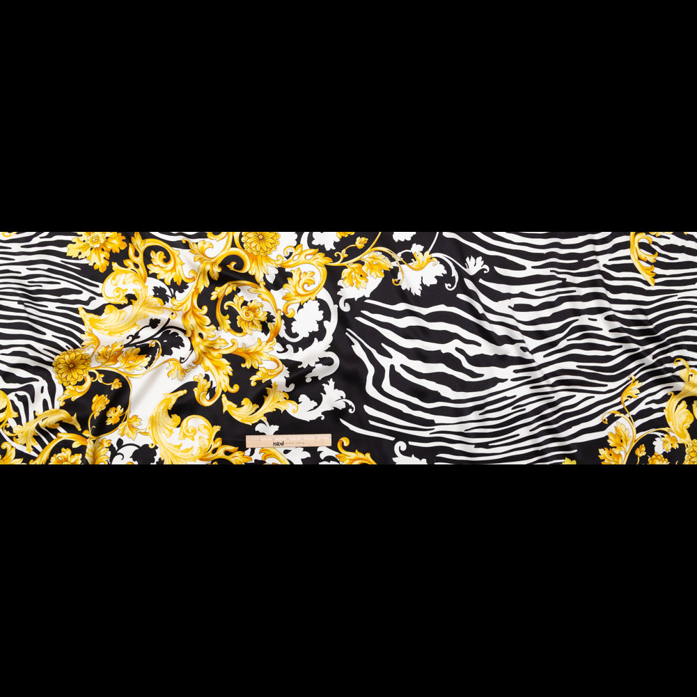 Mood Exclusive Italian Black, White and Gold Ornate Zebra Digitally Printed Silk Charmeuse Folded Mood Exclusive Italian Black, White and Gold Ornate Zebra Digitally Printed Silk Charmeuse Folded