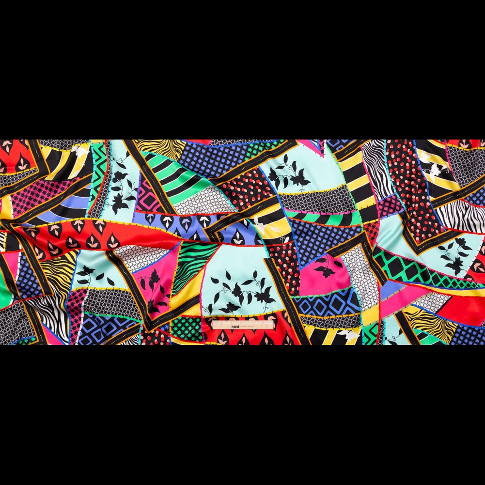 Italian Multicolor Patchwork Pattern Play Digitally Printed Silk Charmeuse - Folded Italian Multicolor Patchwork Pattern Play Digitally Printed Silk Charmeuse - Folded
