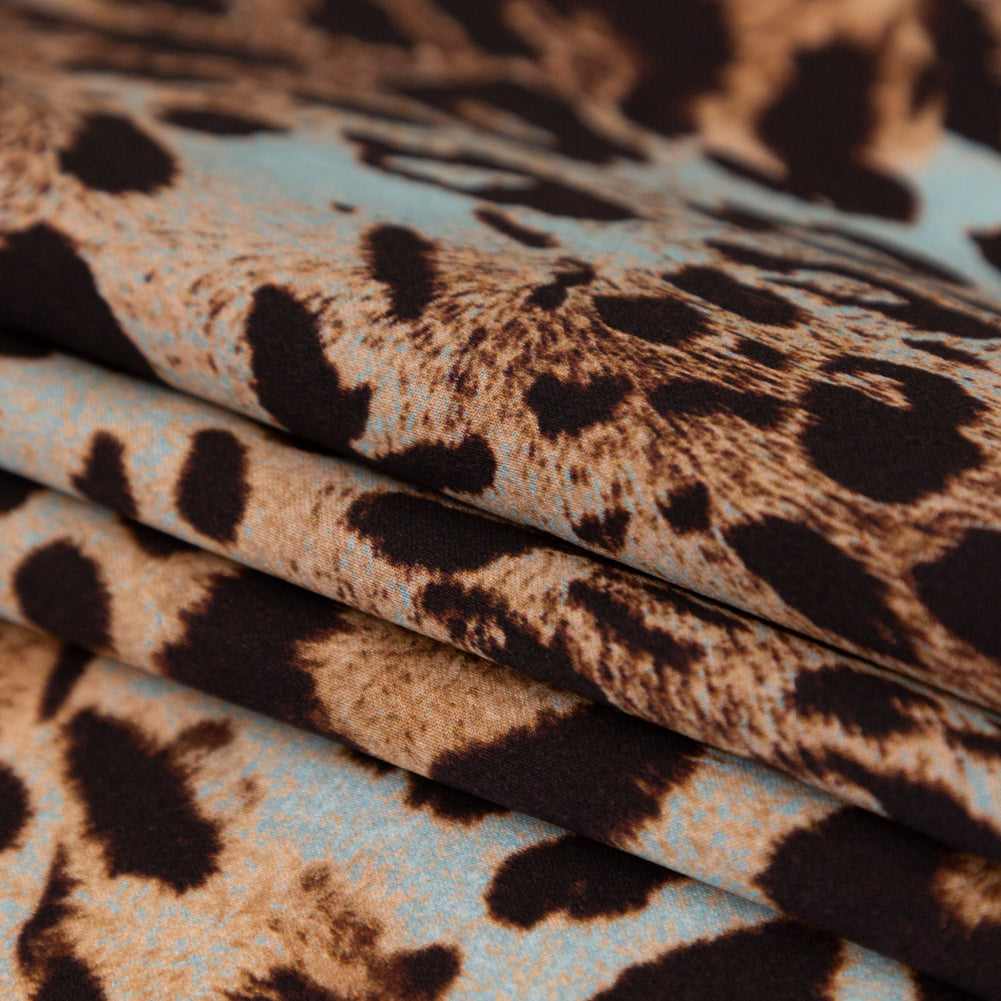 Italian Aqua and Brown Jaguar Digitally Printed Silk Charmeuse - Detail Italian Aqua and Brown Jaguar Digitally Printed Silk Charmeuse - Detail