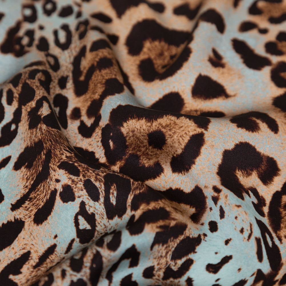 Italian Aqua and Brown Jaguar Digitally Printed Silk Charmeuse - Full Italian Aqua and Brown Jaguar Digitally Printed Silk Charmeuse - Full