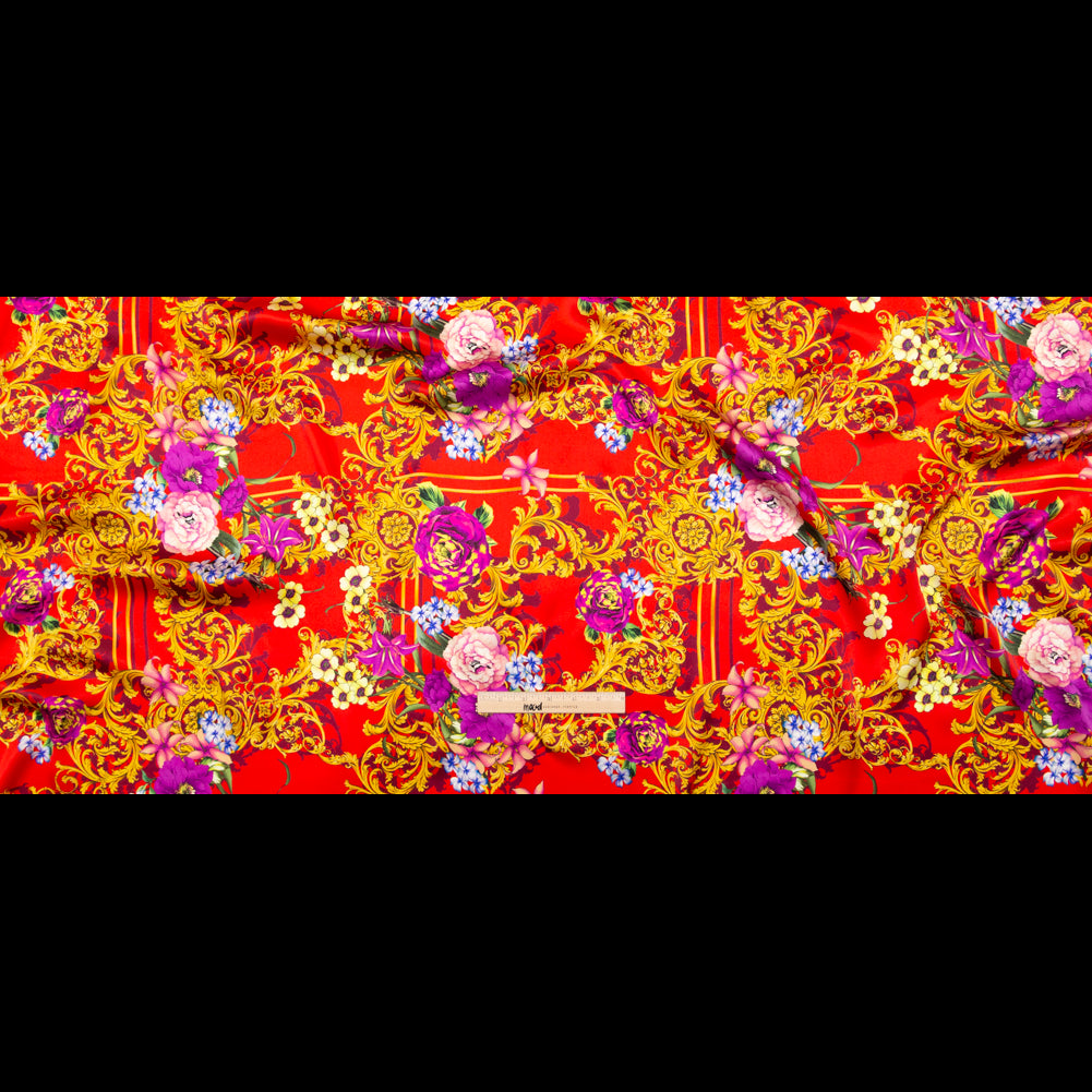 Italian Red, Gold and Purple Ornate Floral Digitally Printed Silk Charmeuse - Folded Italian Red, Gold and Purple Ornate Floral Digitally Printed Silk Charmeuse - Folded