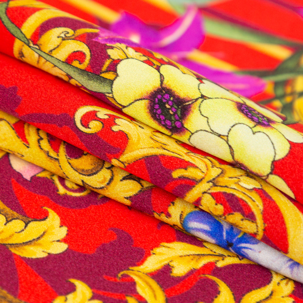 Italian Red, Gold and Purple Ornate Floral Digitally Printed Silk Charmeuse - Detail Italian Red, Gold and Purple Ornate Floral Digitally Printed Silk Charmeuse - Detail