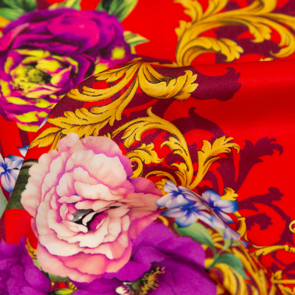 Italian Red, Gold and Purple Ornate Floral Digitally Printed Silk Charmeuse - Full Italian Red, Gold and Purple Ornate Floral Digitally Printed Silk Charmeuse - Full
