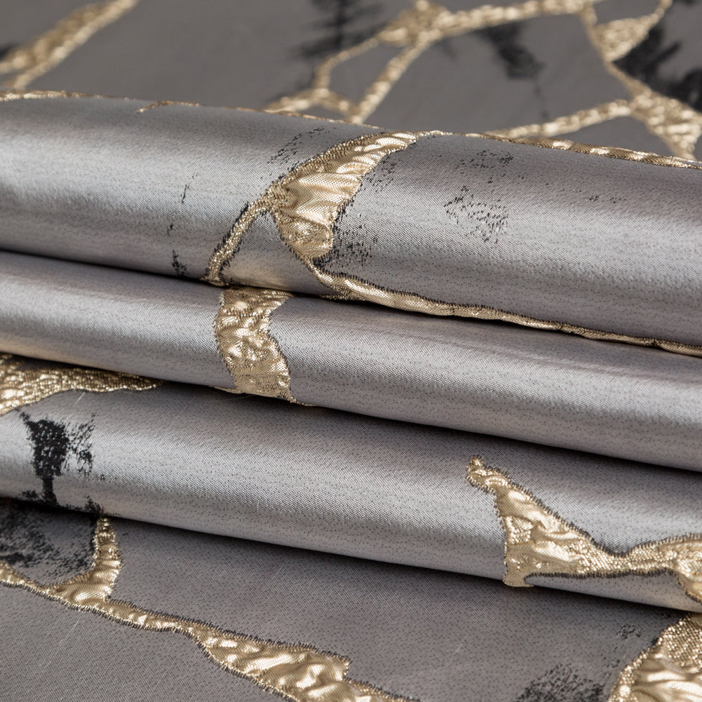 Metallic Gold, London Fog and Black Satin-Faced Abstract Luxury Brocade Folded Metallic Gold, London Fog and Black Satin-Faced Abstract Luxury Brocade Folded