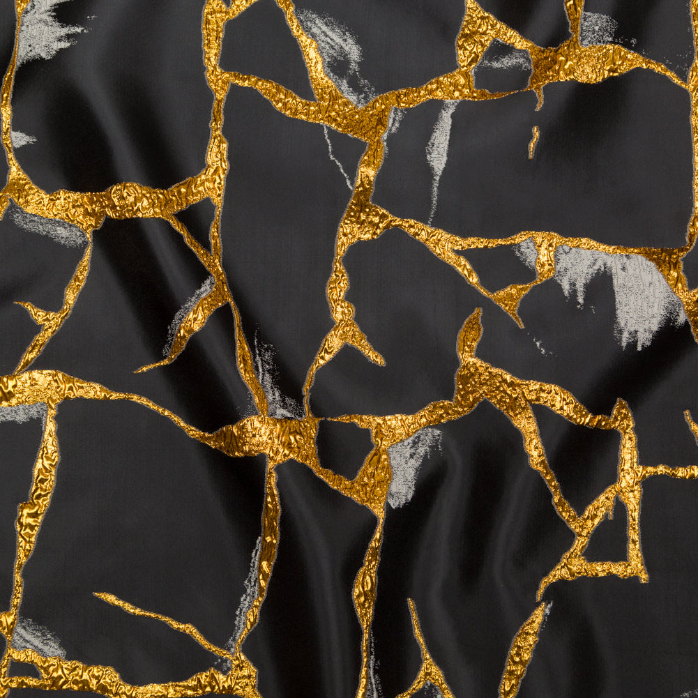 Metallic Bright Gold, Moonstruck and Beluga Satin-Faced Abstract Luxury Brocade Metallic Bright Gold, Moonstruck and Beluga Satin-Faced Abstract Luxury Brocade