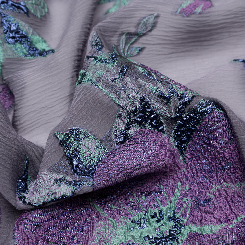 Metallic Blue Morpho, Periscope, Dark Ivy and Purple Gumdrop Floral Luxury Organza Brocade - Detail Metallic Blue Morpho, Periscope, Dark Ivy and Purple Gumdrop Floral Luxury Organza Brocade - Detail