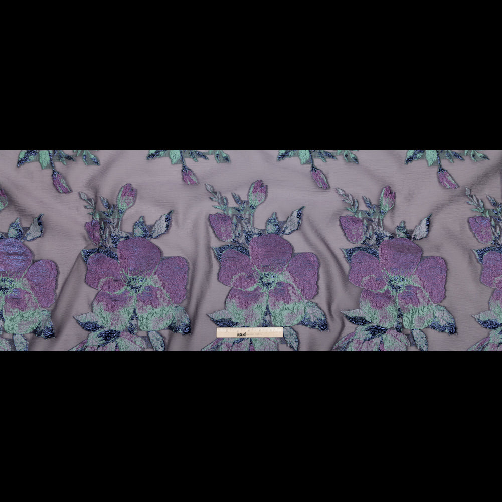 Metallic Blue Morpho, Periscope, Dark Ivy and Purple Gumdrop Floral Luxury Organza Brocade - Full Metallic Blue Morpho, Periscope, Dark Ivy and Purple Gumdrop Floral Luxury Organza Brocade - Full