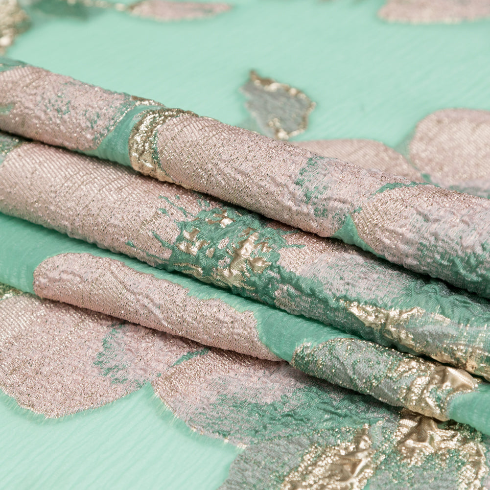 Metallic Bright Gold, Green Spruce, Adobe Rose and Lily Pad Floral Luxury Organza Brocade Folded Metallic Bright Gold, Green Spruce, Adobe Rose and Lily Pad Floral Luxury Organza Brocade Folded