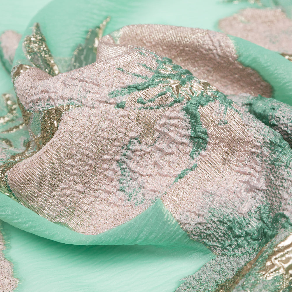 Metallic Bright Gold, Green Spruce, Adobe Rose and Lily Pad Floral Luxury Organza Brocade Detail Metallic Bright Gold, Green Spruce, Adobe Rose and Lily Pad Floral Luxury Organza Brocade Detail