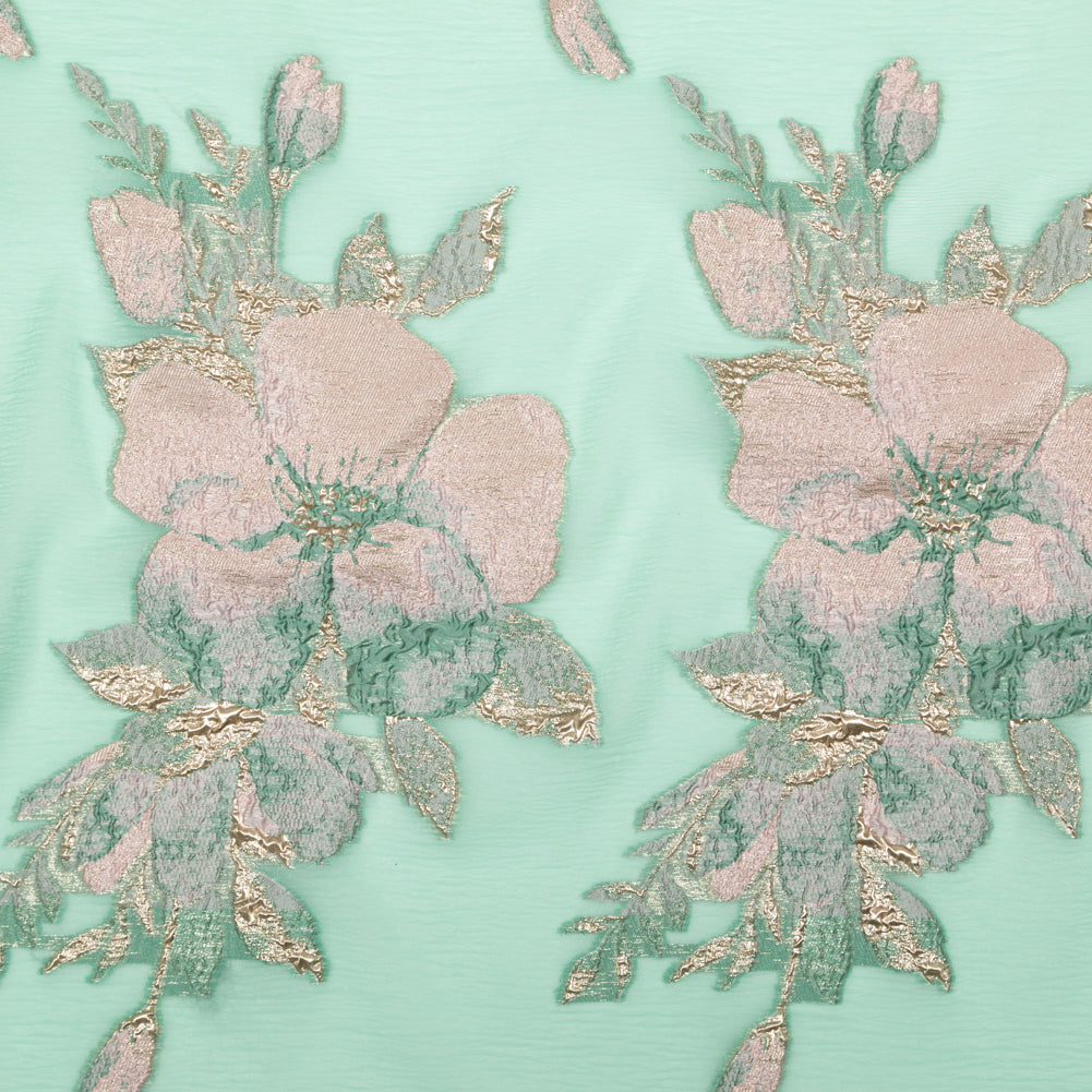 Metallic Bright Gold, Green Spruce, Adobe Rose and Lily Pad Floral Luxury Organza Brocade Metallic Bright Gold, Green Spruce, Adobe Rose and Lily Pad Floral Luxury Organza Brocade