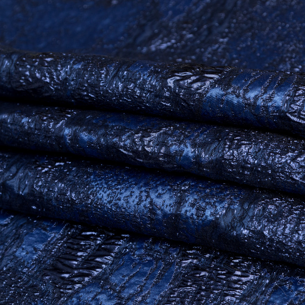 Metallic Blue Morpho and Navy Peony Abstract Luxury Brocade Folded