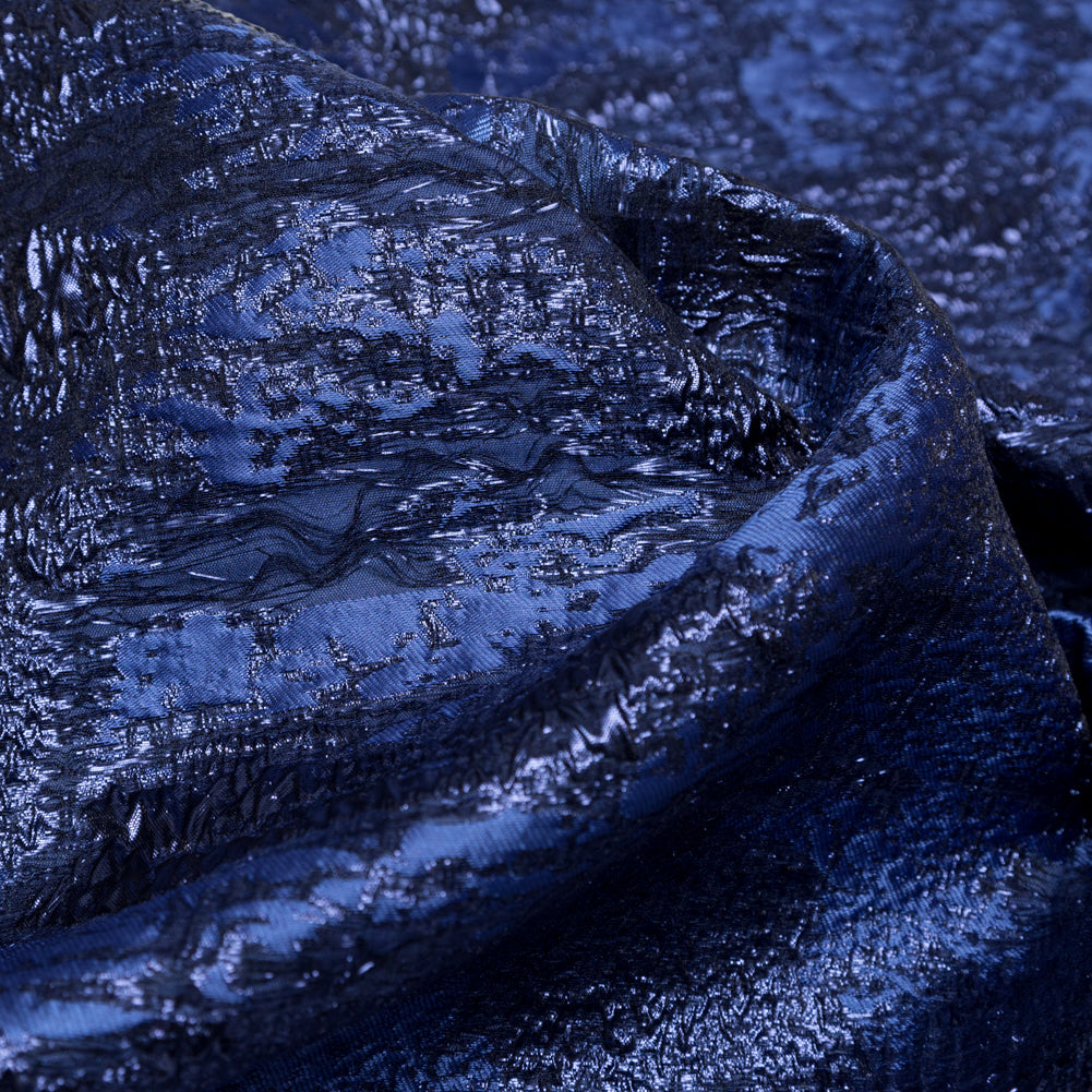 Metallic Blue Morpho and Navy Peony Abstract Luxury Brocade Detail