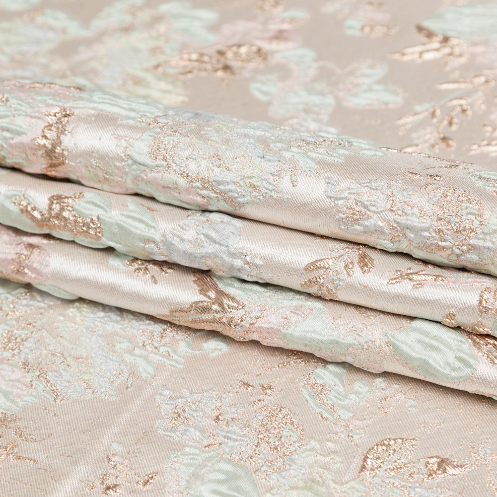 Metallic Bright Gold, Milky Green and Icelandic Blue Floral Luxury Brocade - Folded Metallic Bright Gold, Milky Green and Icelandic Blue Floral Luxury Brocade - Folded