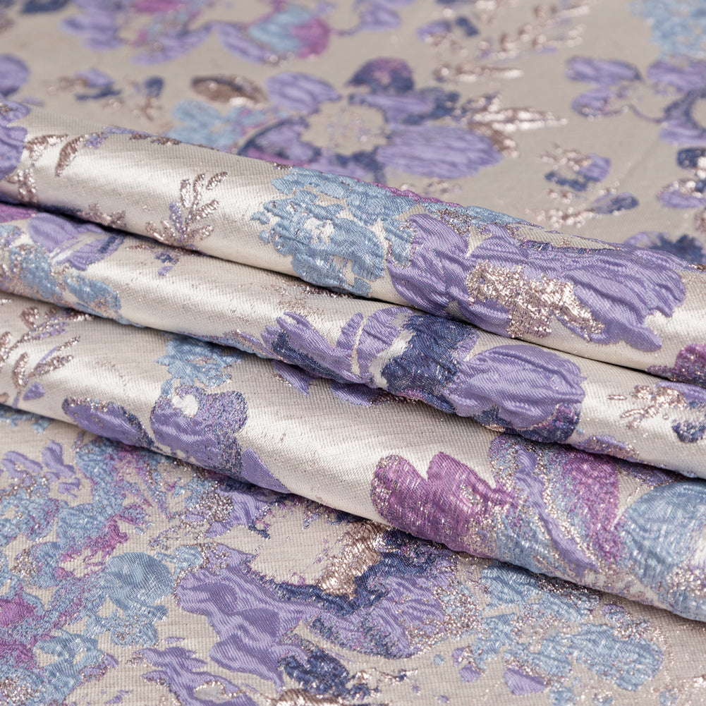 Metallic Champagne, Rainy Day and Deep Wisteria Floral Luxury Brocade - Folded Metallic Champagne, Rainy Day and Deep Wisteria Floral Luxury Brocade - Folded