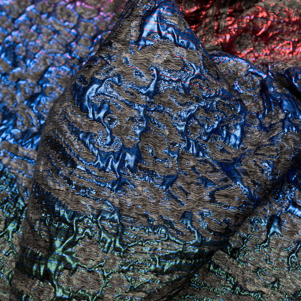 Metallic Space Cherry, Blue Morpho and Emerald Abstract Ombre Luxury Brocade - Detail Metallic Space Cherry, Blue Morpho and Emerald Abstract Ombre Luxury Brocade - Detail