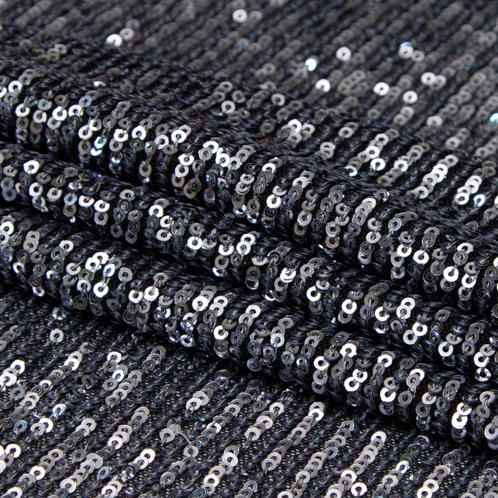 Silver Striped Baby Sequins on Black Stretch Mesh - Folded Silver Striped Baby Sequins on Black Stretch Mesh - Folded