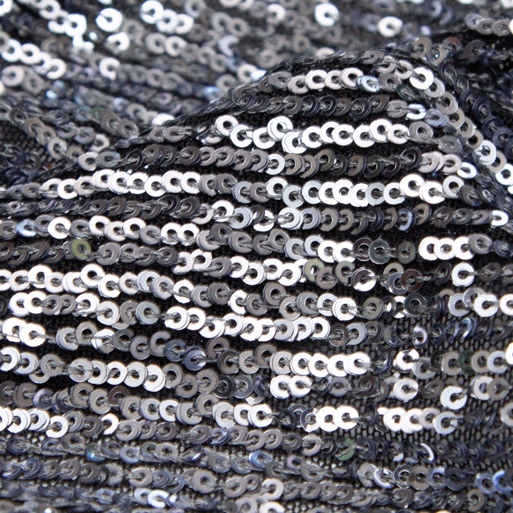 Silver Striped Baby Sequins on Black Stretch Mesh - Detail Silver Striped Baby Sequins on Black Stretch Mesh - Detail