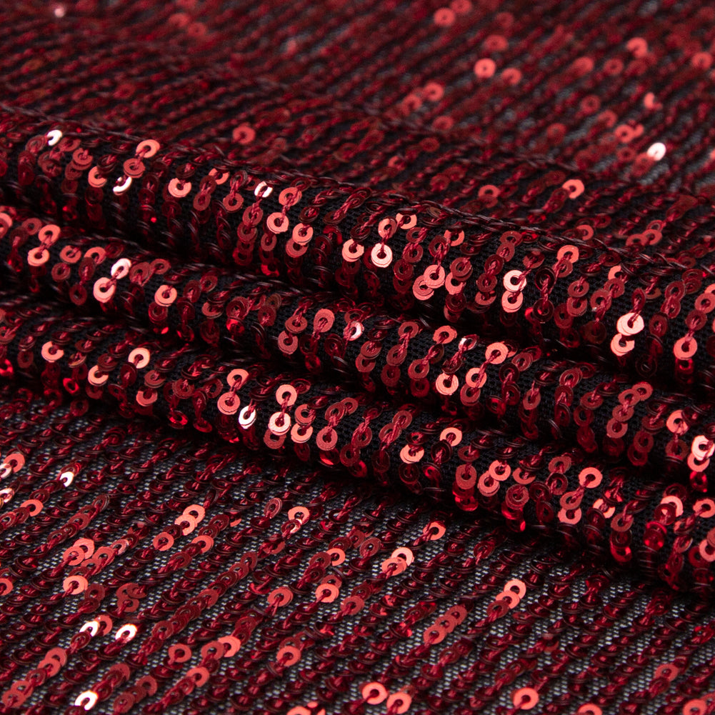 Red Striped Baby Sequins on Black Stretch Mesh - Detail Red Striped Baby Sequins on Black Stretch Mesh - Detail