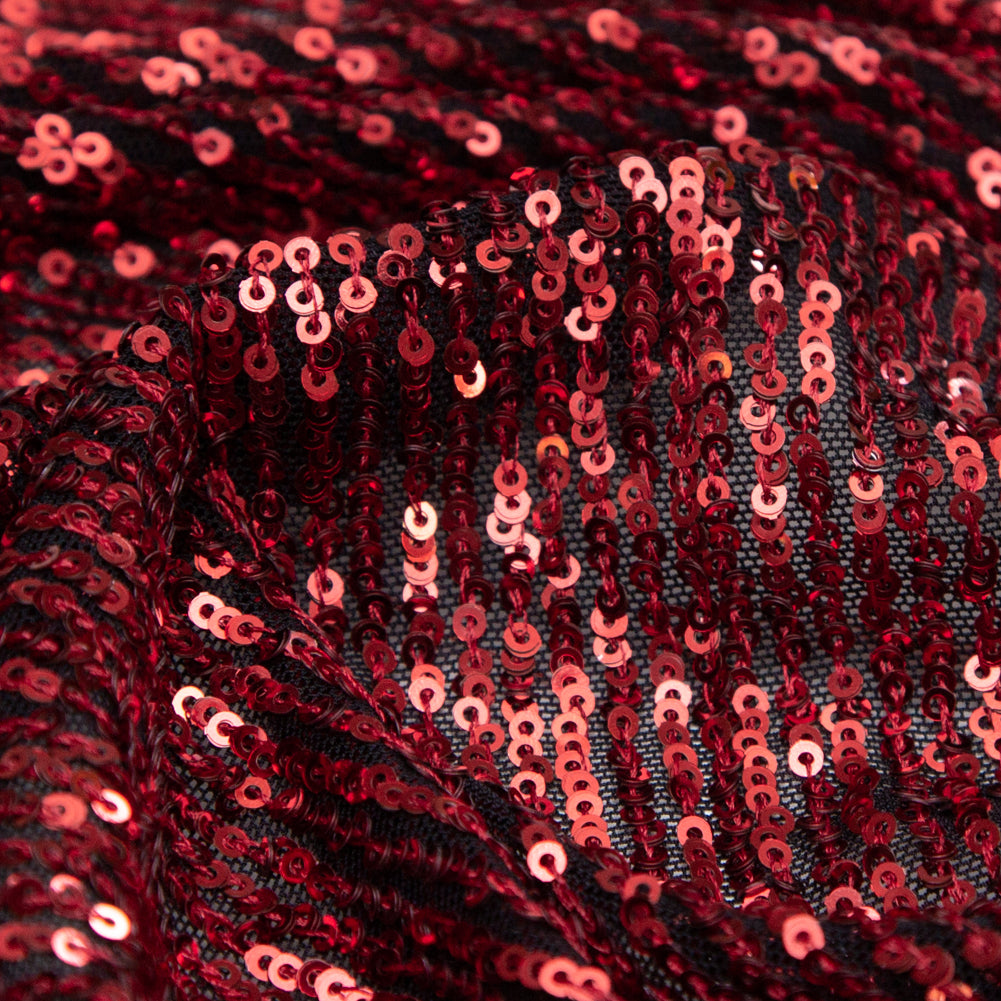 Red Striped Baby Sequins on Black Stretch Mesh - Full Red Striped Baby Sequins on Black Stretch Mesh - Full