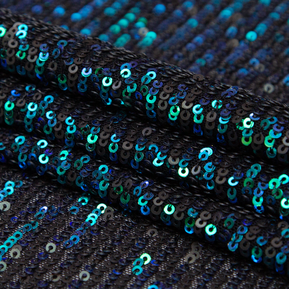 Green and Blue Striped Baby Sequins on Black Stretch Mesh Folded Green and Blue Striped Baby Sequins on Black Stretch Mesh Folded