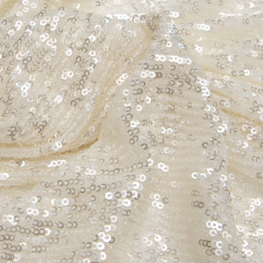 Iridescent Striped Baby Sequins on White Stretch Mesh - Full Iridescent Striped Baby Sequins on White Stretch Mesh - Full