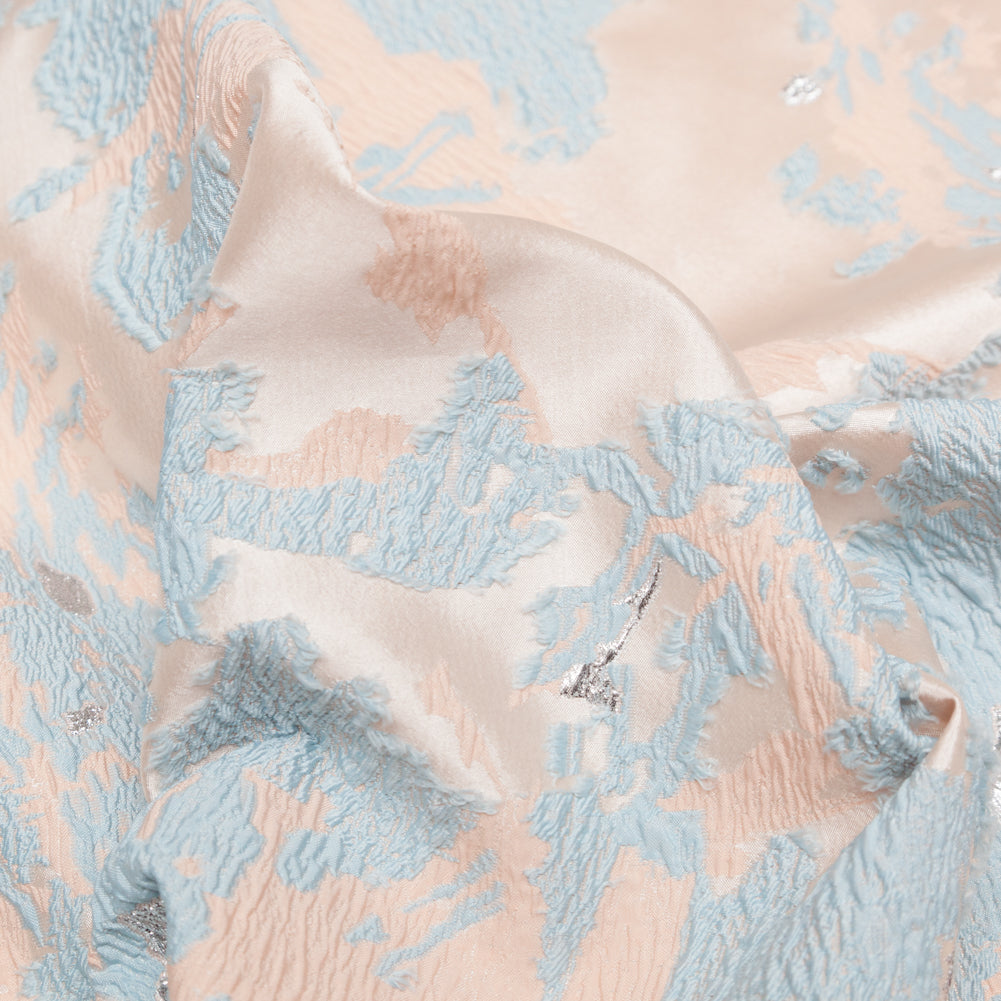 Pearl Blue, Cream Puff, and Metallic Silver Abstract Luxury Brocade - Detail Pearl Blue, Cream Puff, and Metallic Silver Abstract Luxury Brocade - Detail