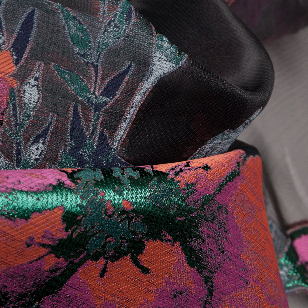 Metallic Evergreen, Cinnamon Stick and Boysenberry Floral Luxury Organza Jacquard - Detail Metallic Evergreen, Cinnamon Stick and Boysenberry Floral Luxury Organza Jacquard - Detail