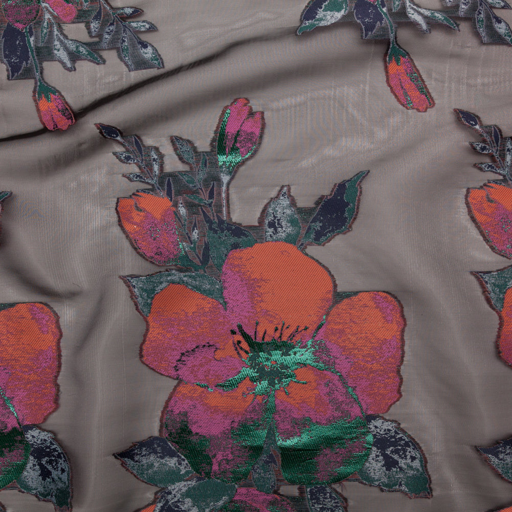 Metallic Evergreen, Cinnamon Stick and Boysenberry Floral Luxury Organza Jacquard Metallic Evergreen, Cinnamon Stick and Boysenberry Floral Luxury Organza Jacquard