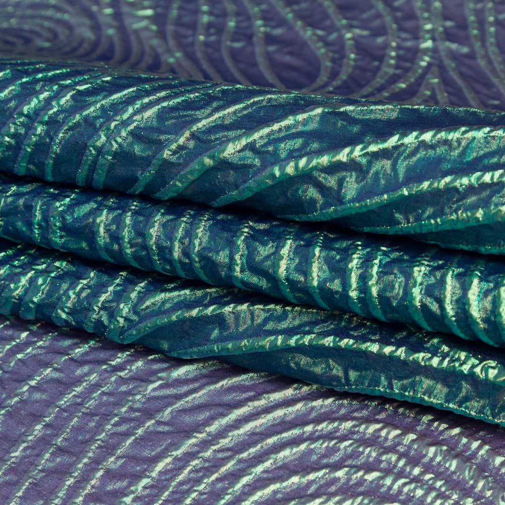 Metallic Green and Moroccan Blue Iridescent Spirals Luxury Organza Brocade - Folded Metallic Green and Moroccan Blue Iridescent Spirals Luxury Organza Brocade - Folded