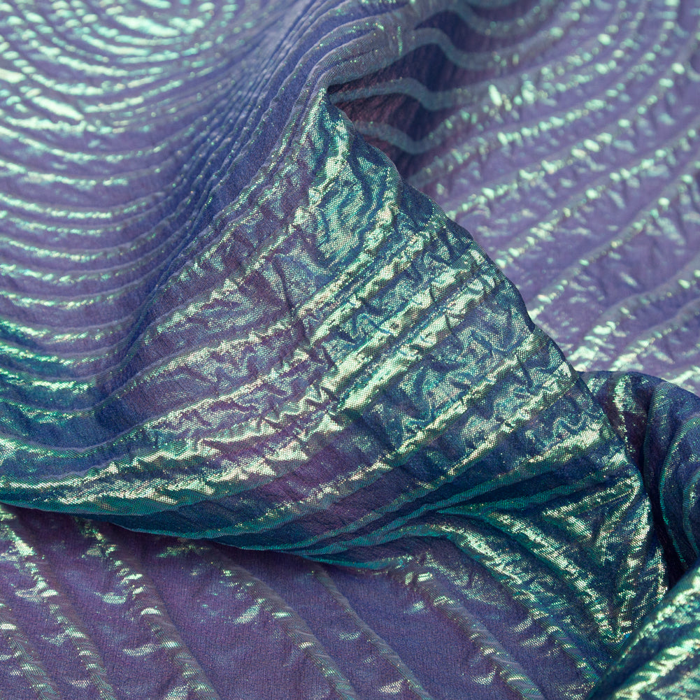 Metallic Green and Moroccan Blue Iridescent Spirals Luxury Organza Brocade - Detail Metallic Green and Moroccan Blue Iridescent Spirals Luxury Organza Brocade - Detail