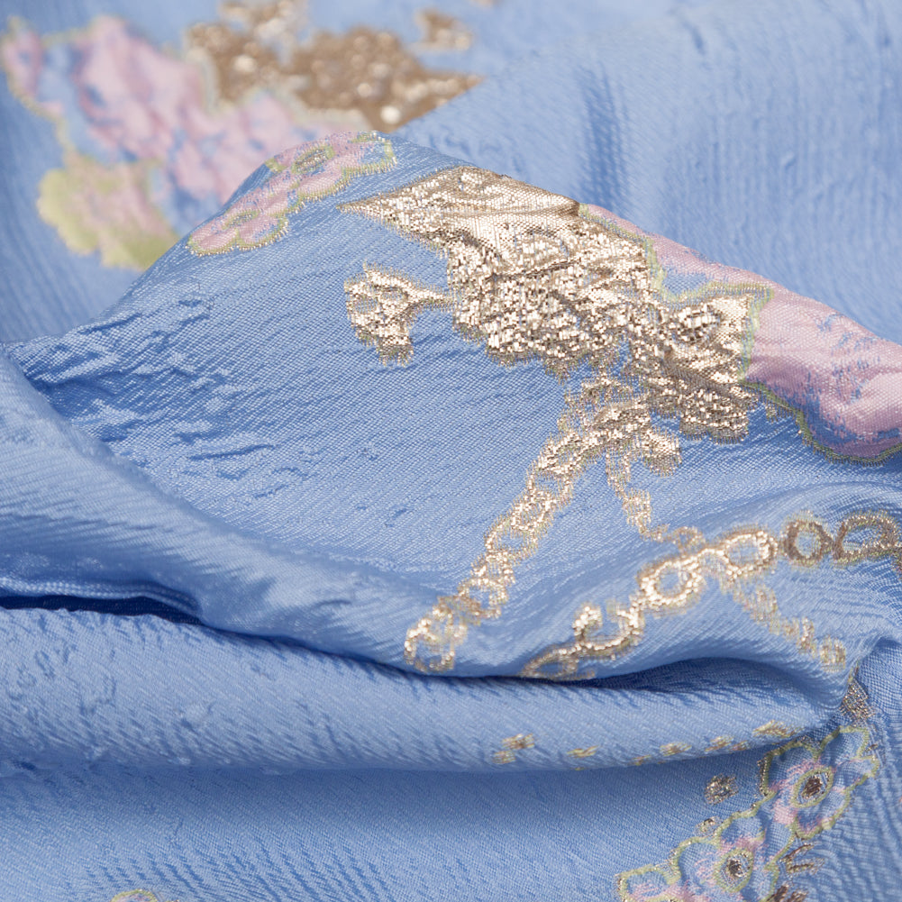 Placid Blue, Weeping Willow and Metallic Bright Gold Floral Luxury Brocade - Detail Placid Blue, Weeping Willow and Metallic Bright Gold Floral Luxury Brocade - Detail