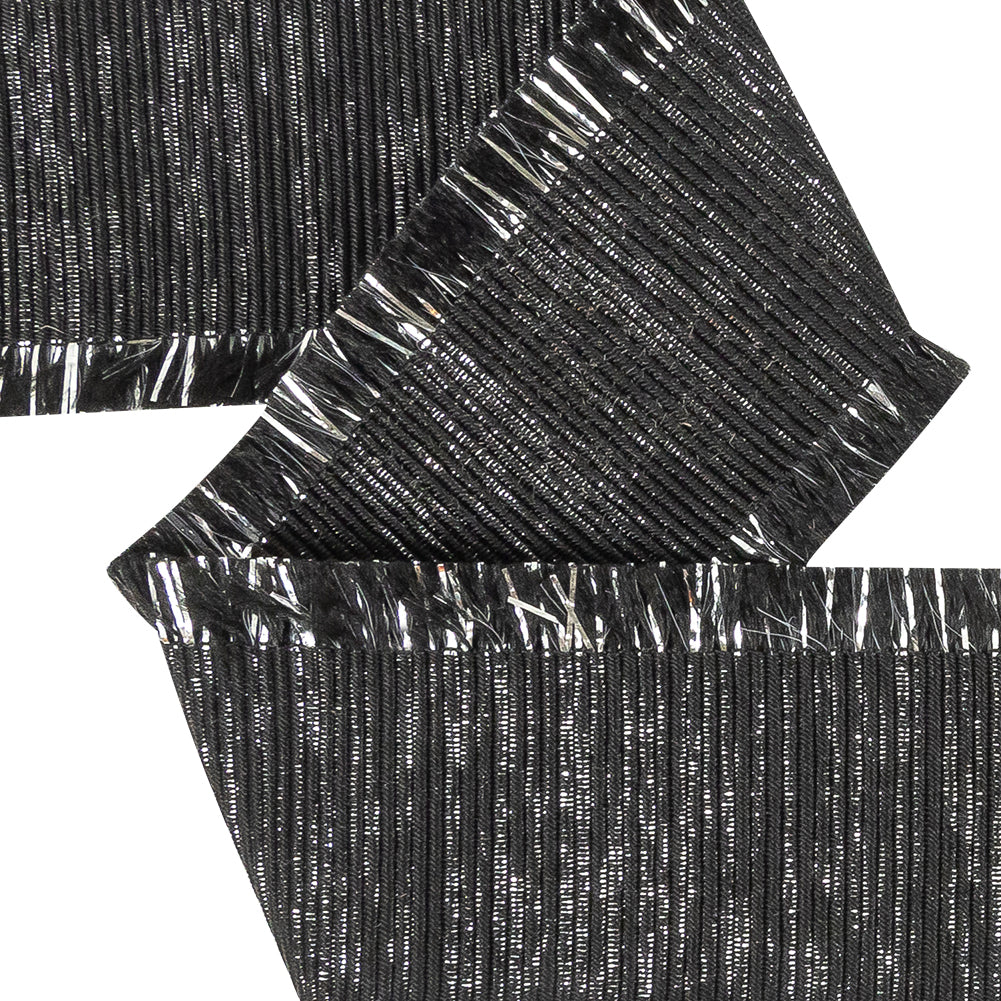 Italian Black and Silver Metallic Grosgrain Ribbon with Fringe - 1.4375 - Detail Italian Black and Silver Metallic Grosgrain Ribbon with Fringe - 1.4375 - Detail